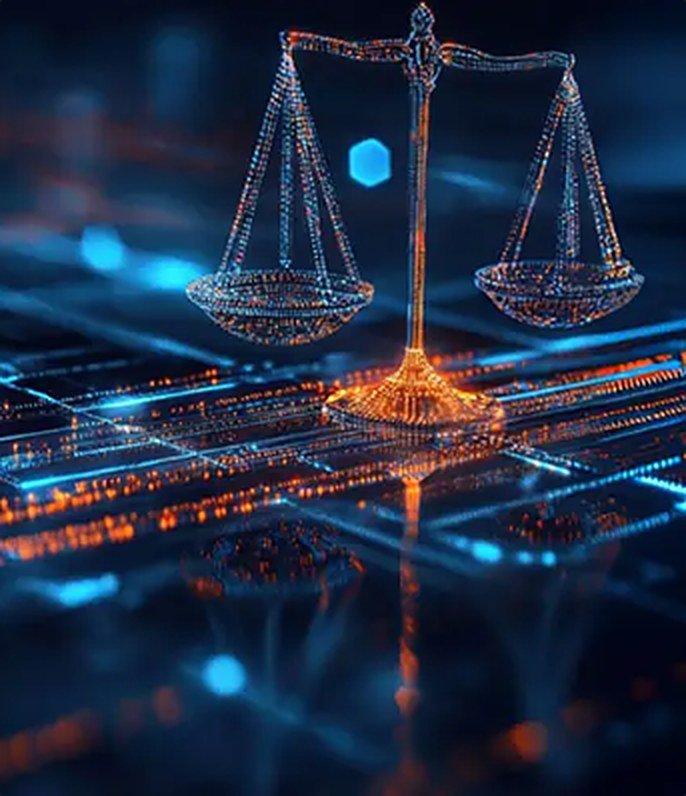 Balança da justiça digital sobre circuito iluminado